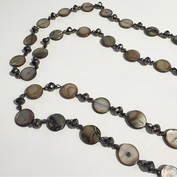 Artisan Bronze Iridescent Shell And Gunmetal Faceted Bead Long 46” Necklace - Picture 2 of 16